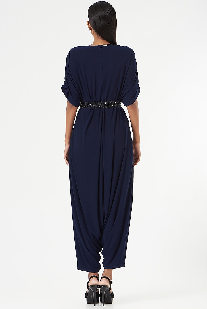 Navy Blue Shimmer Jersey Jumpsuit by 431-88 By Shweta Kapur at Pernia's Pop Up Shop