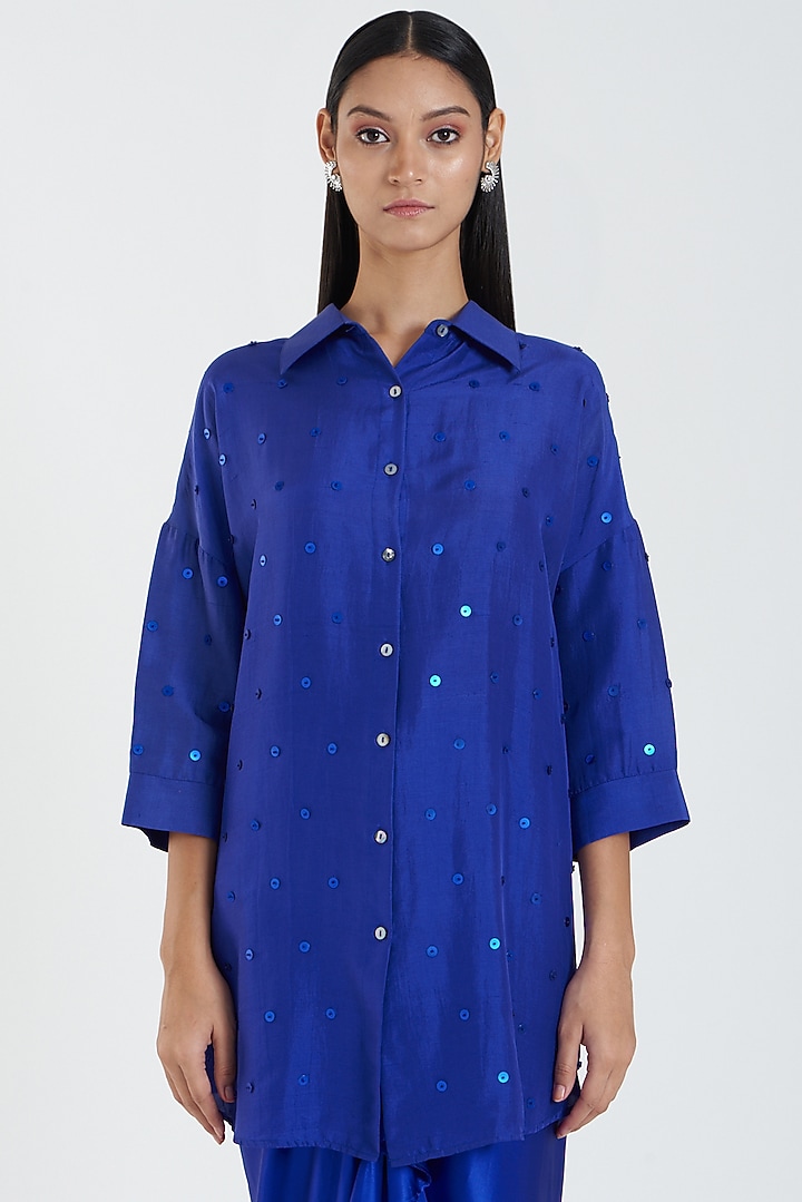 Blue Embellished Shirt by 431-88 By Shweta Kapur at Pernia's Pop Up Shop