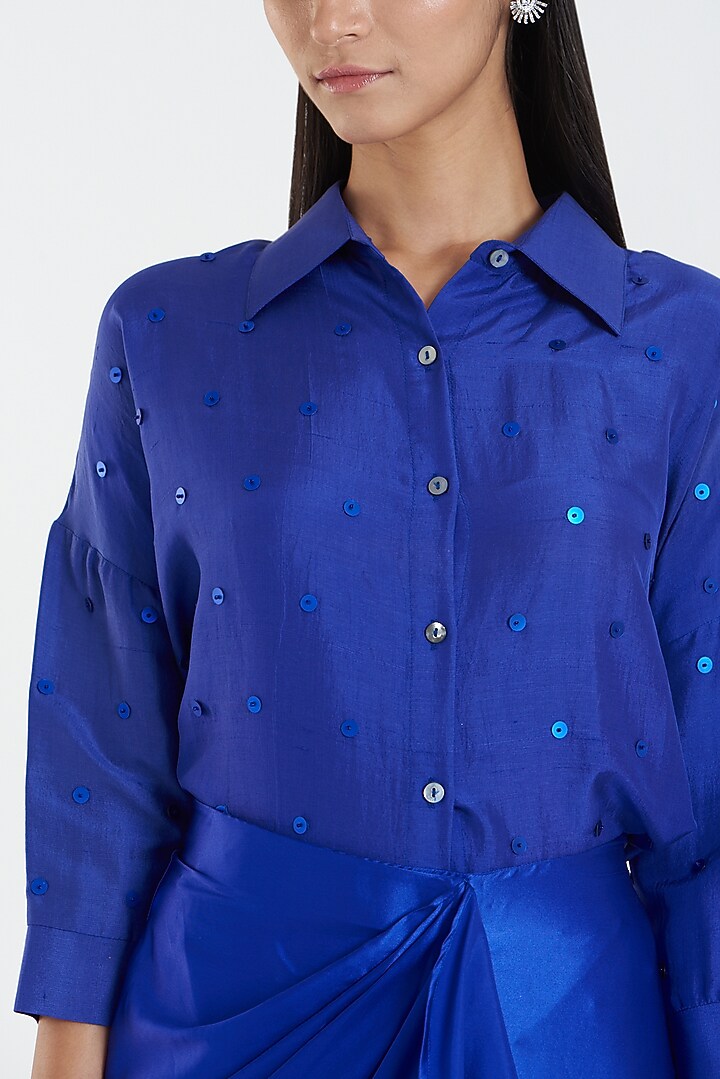 Blue Embellished Shirt by 431-88 By Shweta Kapur at Pernia's Pop Up Shop