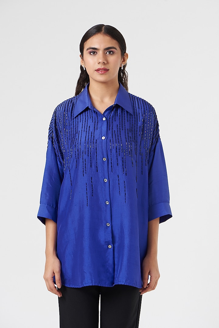 Electric Blue Embroidered Shirt by 431-88 By Shweta Kapur at Pernia's Pop Up Shop