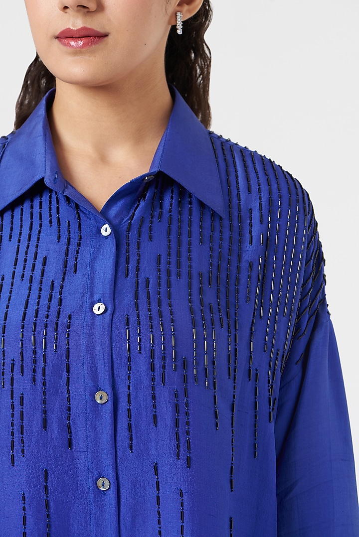 Electric Blue Embroidered Shirt by 431-88 By Shweta Kapur at Pernia's Pop Up Shop