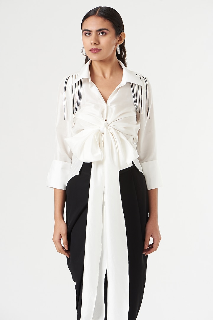 White Embroidered High-Low Shirt by 431-88 By Shweta Kapur at Pernia's Pop Up Shop