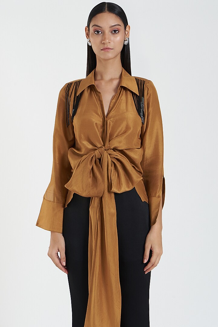 Brown Embroidered Shirt by 431-88 By Shweta Kapur at Pernia's Pop Up Shop