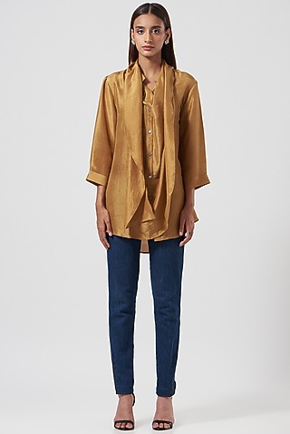 Brown Stretch Satin Shirt by 431-88 By Shweta Kapur