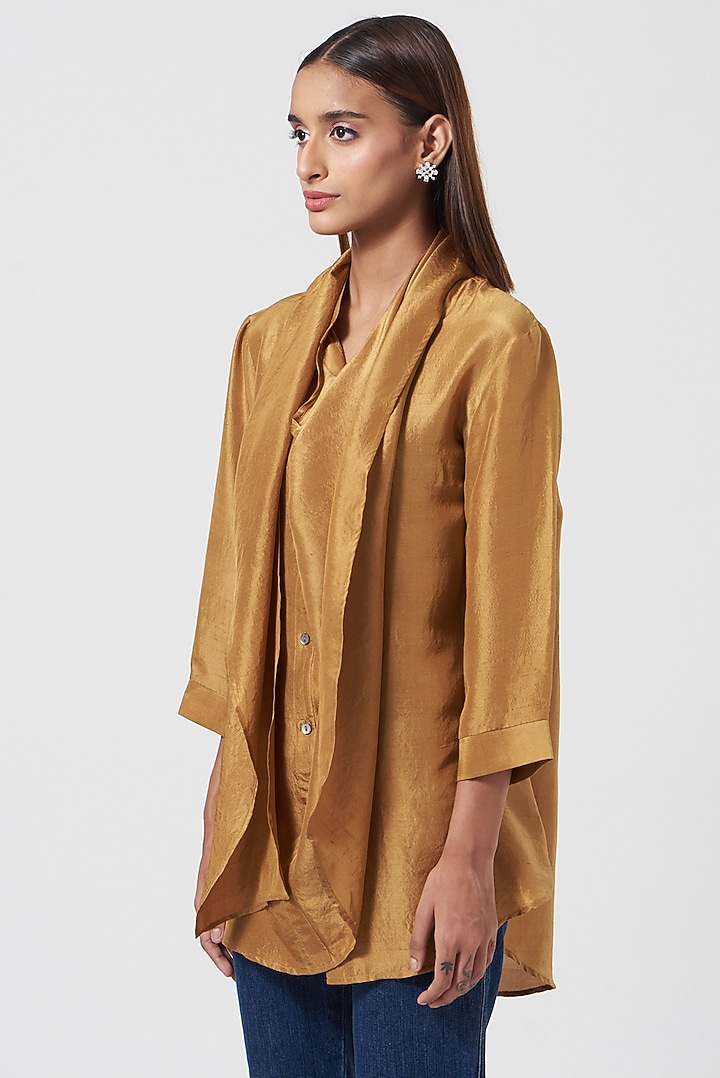Brown Stretch Satin Shirt by 431-88 By Shweta Kapur at Pernia's Pop Up Shop