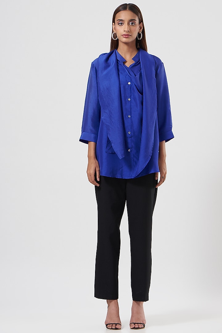 Cobalt Blue Stretch Satin Shirt by 431-88 By Shweta Kapur at Pernia's Pop Up Shop