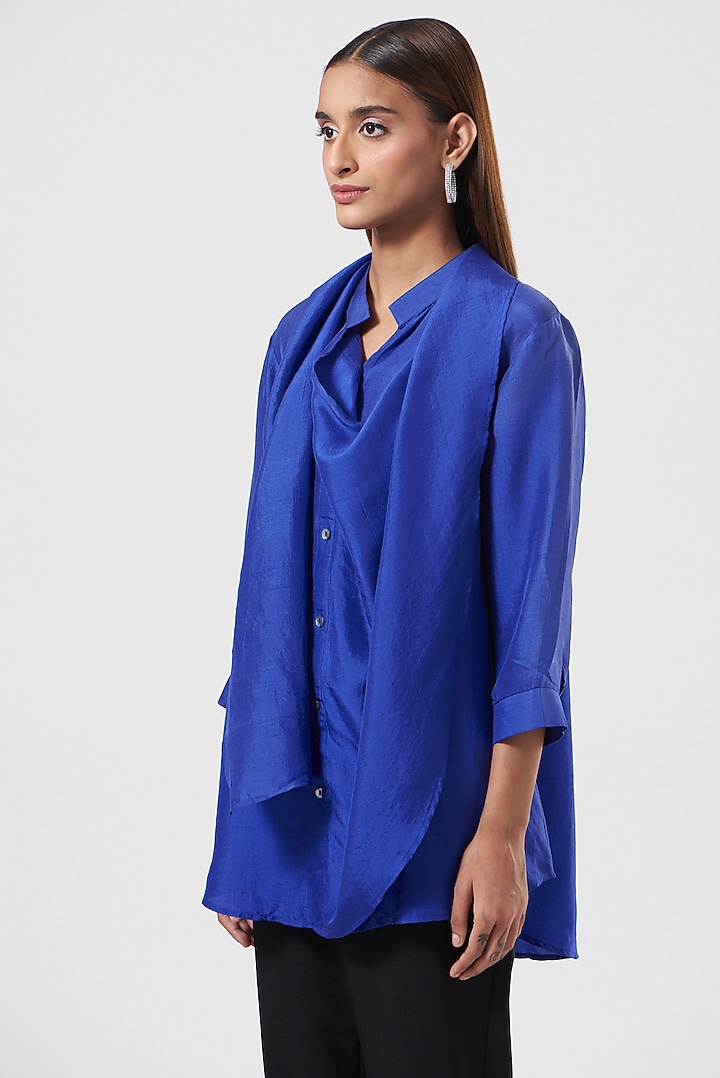 Cobalt Blue Stretch Satin Shirt by 431-88 By Shweta Kapur at Pernia's Pop Up Shop