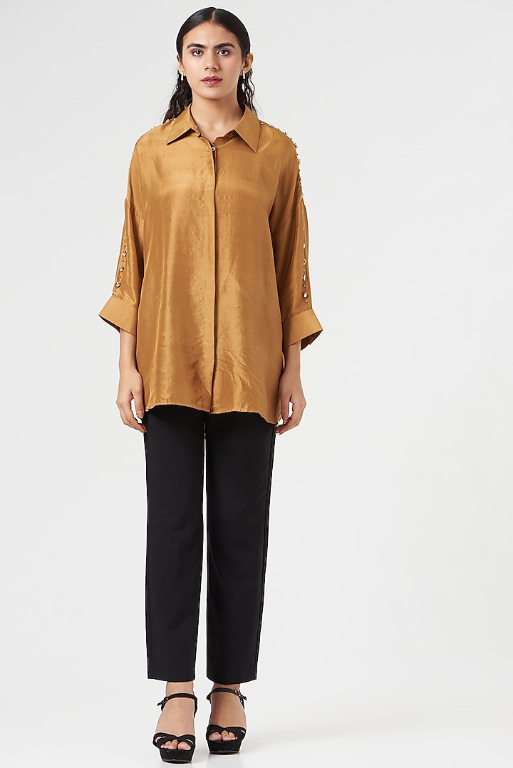 Mustard Silk Embroidered Shirt by 431-88 By Shweta Kapur at Pernia's Pop Up Shop