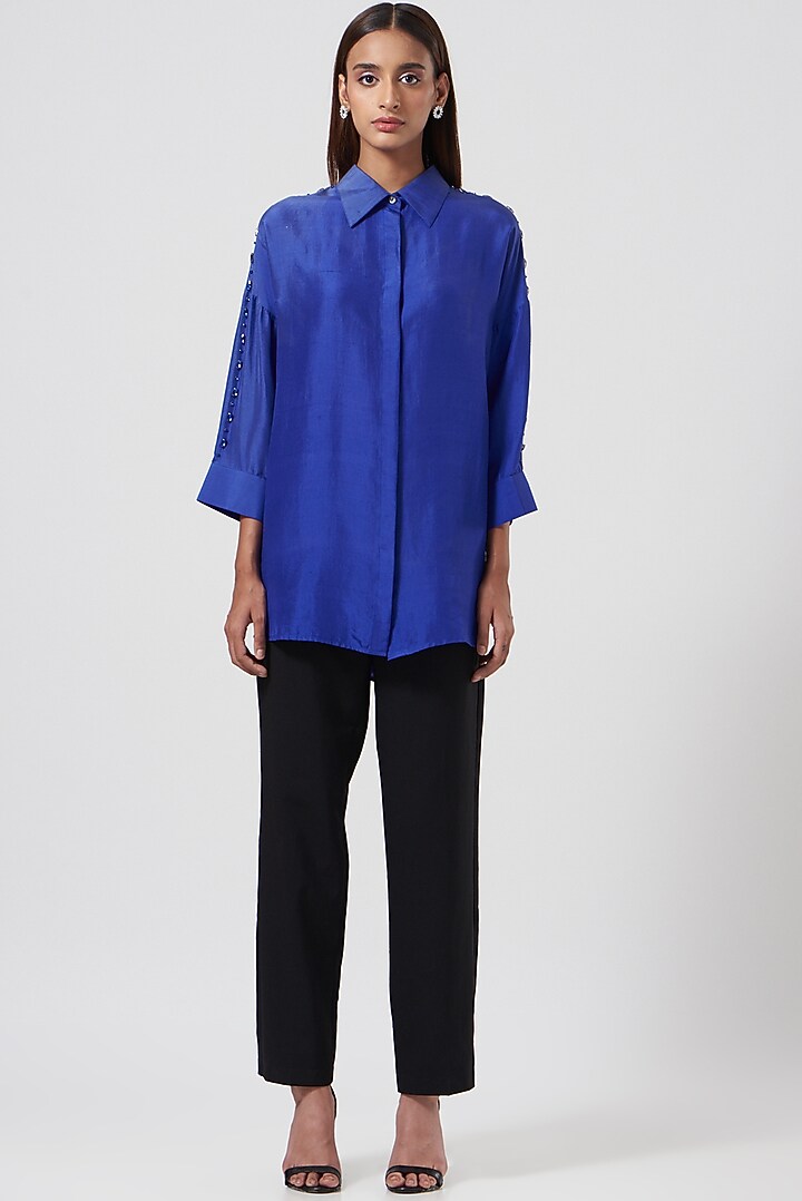Cobalt Blue Silk Embroidered Shirt by 431-88 By Shweta Kapur at Pernia's Pop Up Shop