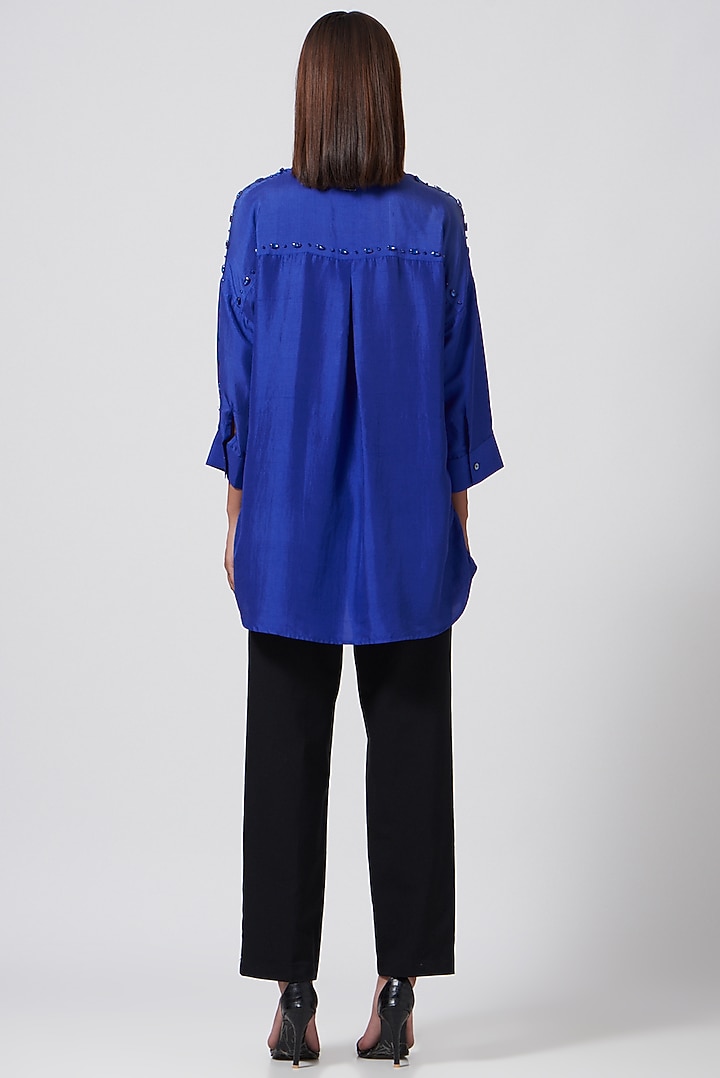 Cobalt Blue Silk Embroidered Shirt by 431-88 By Shweta Kapur at Pernia's Pop Up Shop