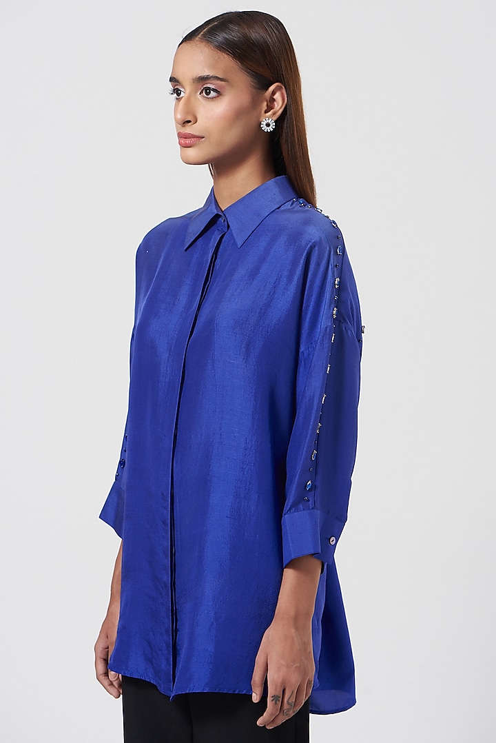 Cobalt Blue Silk Embroidered Shirt by 431-88 By Shweta Kapur