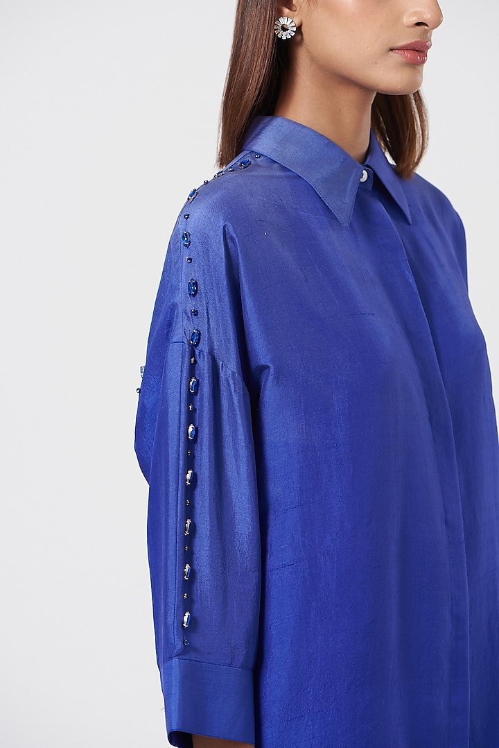 Cobalt Blue Silk Embroidered Shirt by 431-88 By Shweta Kapur at Pernia's Pop Up Shop