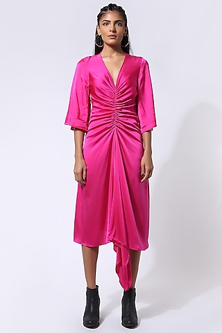 Fuchsia Silk Satin Dress by 431-88 By Shweta Kapur