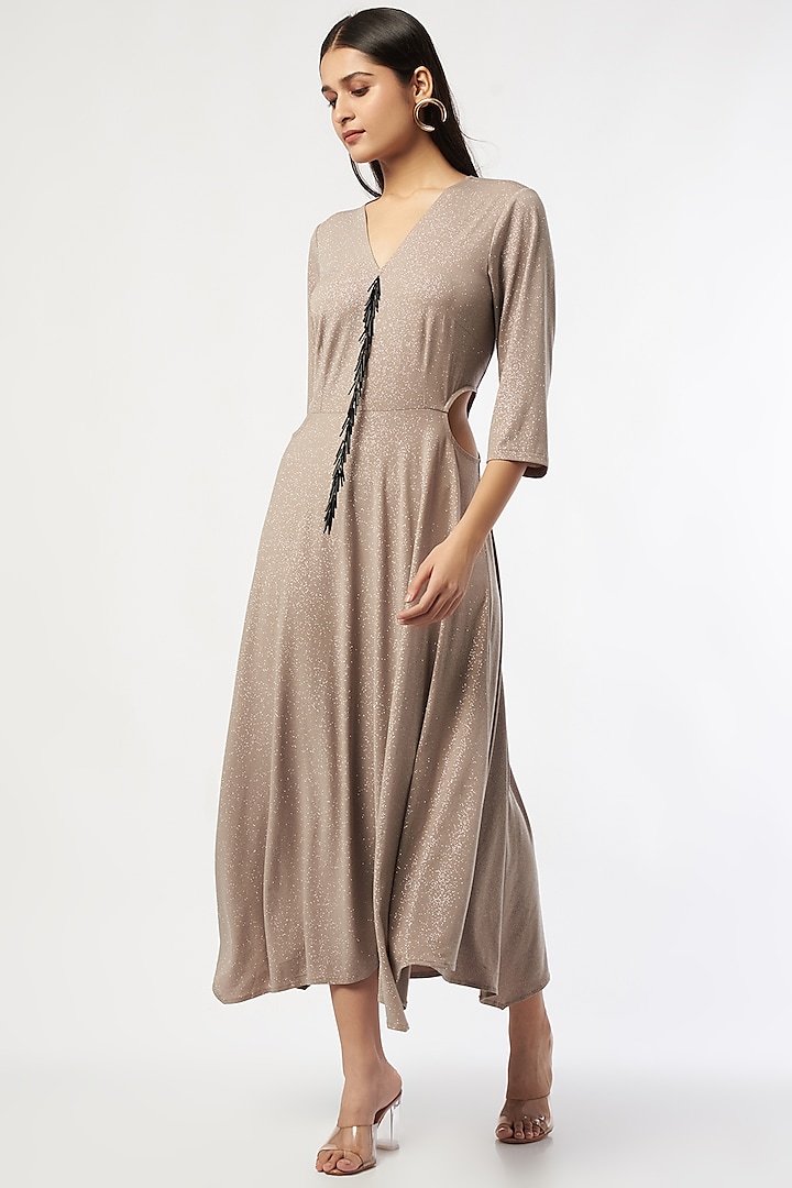 Beige Shimmer Jersey Midi Dress by 431-88 By Shweta Kapur at Pernia's Pop Up Shop