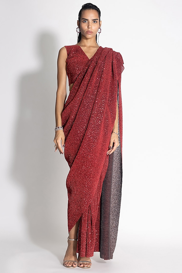 Red Sequins Draped Saree by 431-88 By Shweta Kapur