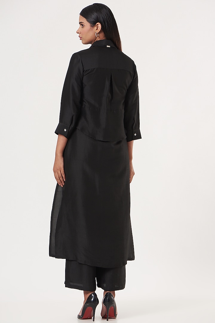 Black Dupion Silk Embroidered Kurta Set by 431-88 By Shweta Kapur at Pernia's Pop Up Shop