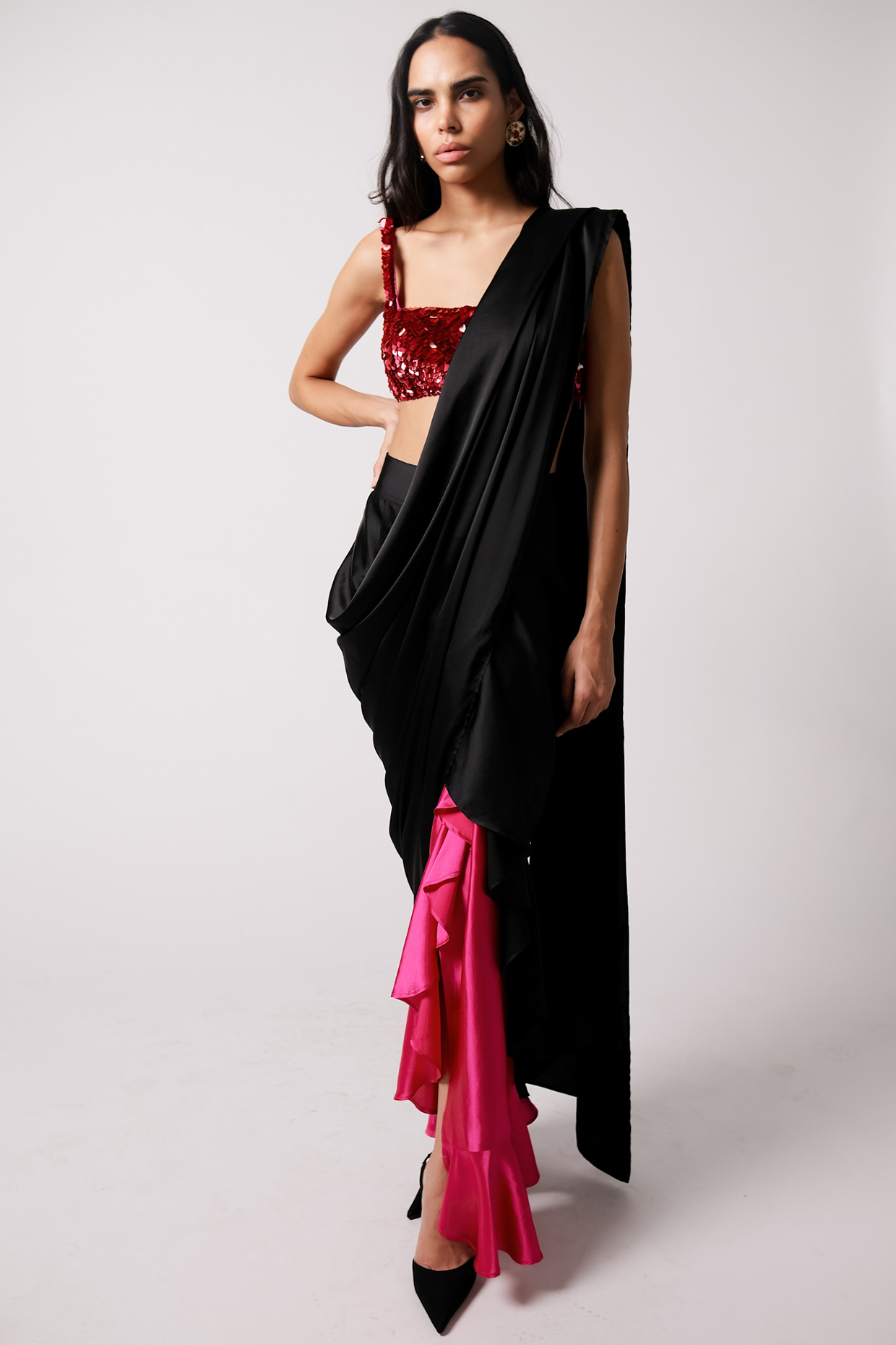 Black & Fuchsia Silk Satin Draped Saree by 431-88 By Shweta Kapur