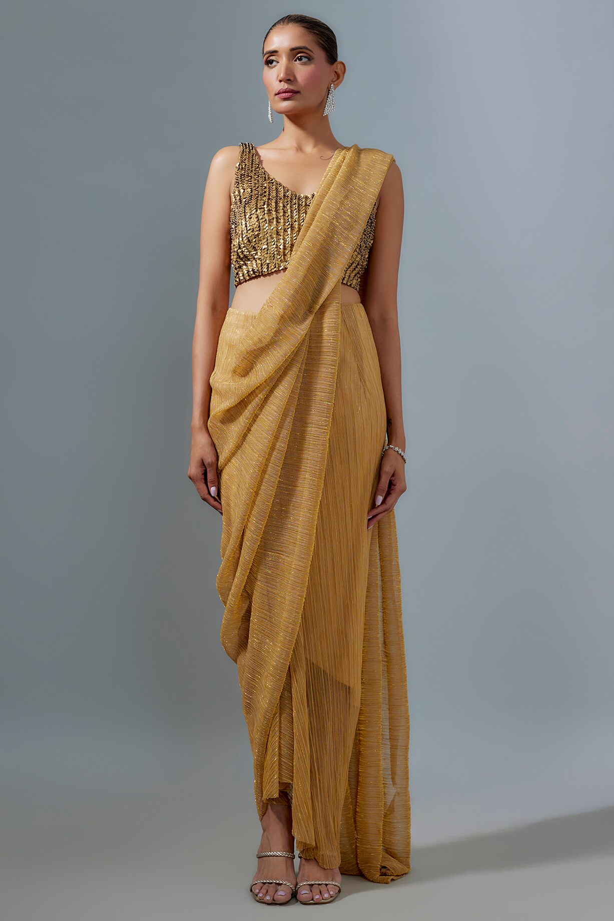 Gold Silk Sequins Work Blouse by 431-88 By Shweta Kapur at 