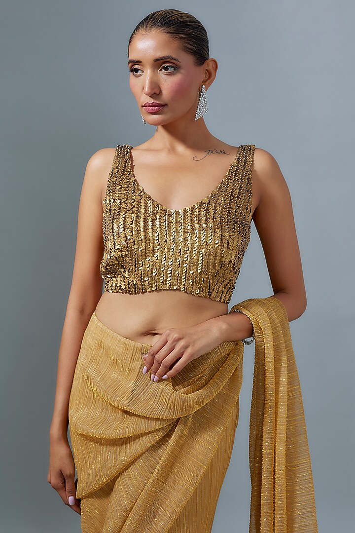 Gold Silk Sequins Work Blouse by 431-88 By Shweta Kapur at 
