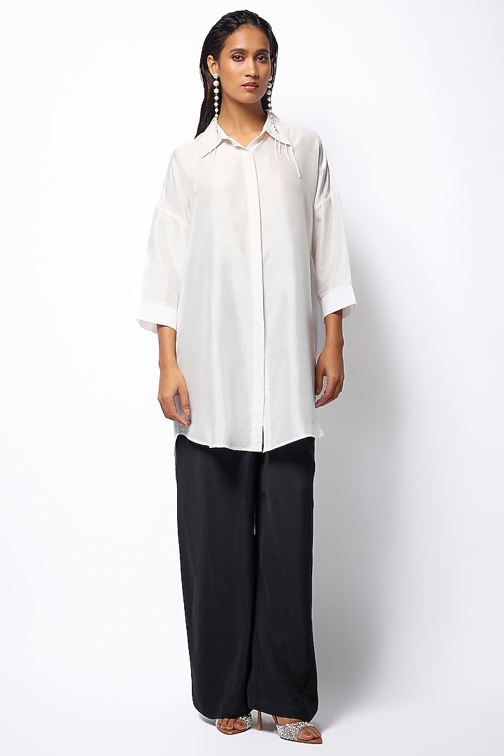 White Silk Machine Embroidered Shirt by 431-88 By Shweta Kapur at Pernia's Pop Up Shop