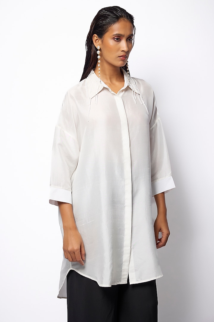 White Silk Machine Embroidered Shirt by 431-88 By Shweta Kapur at Pernia's Pop Up Shop