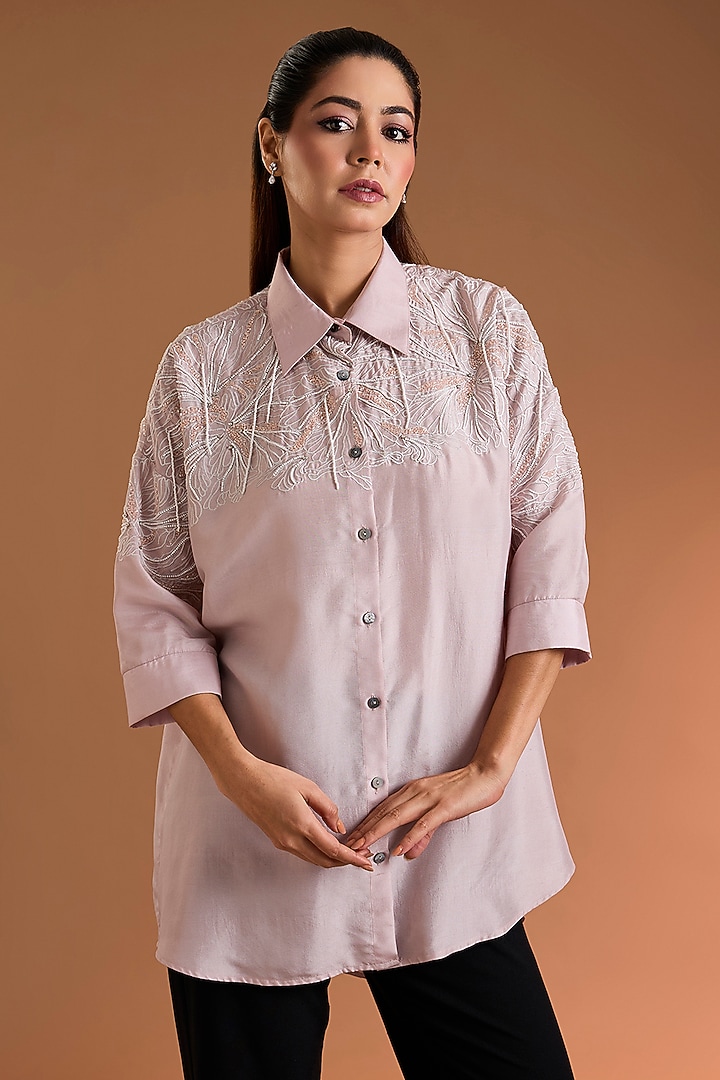 Blush Pink Silk Hand & Machine Embroidered Shirt by 431-88 By Shweta Kapur at Pernia's Pop Up Shop