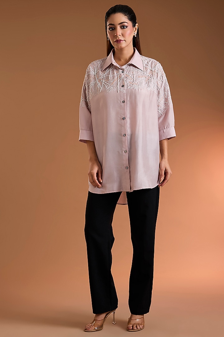 Blush Pink Silk Hand & Machine Embroidered Shirt by 431-88 By Shweta Kapur at Pernia's Pop Up Shop