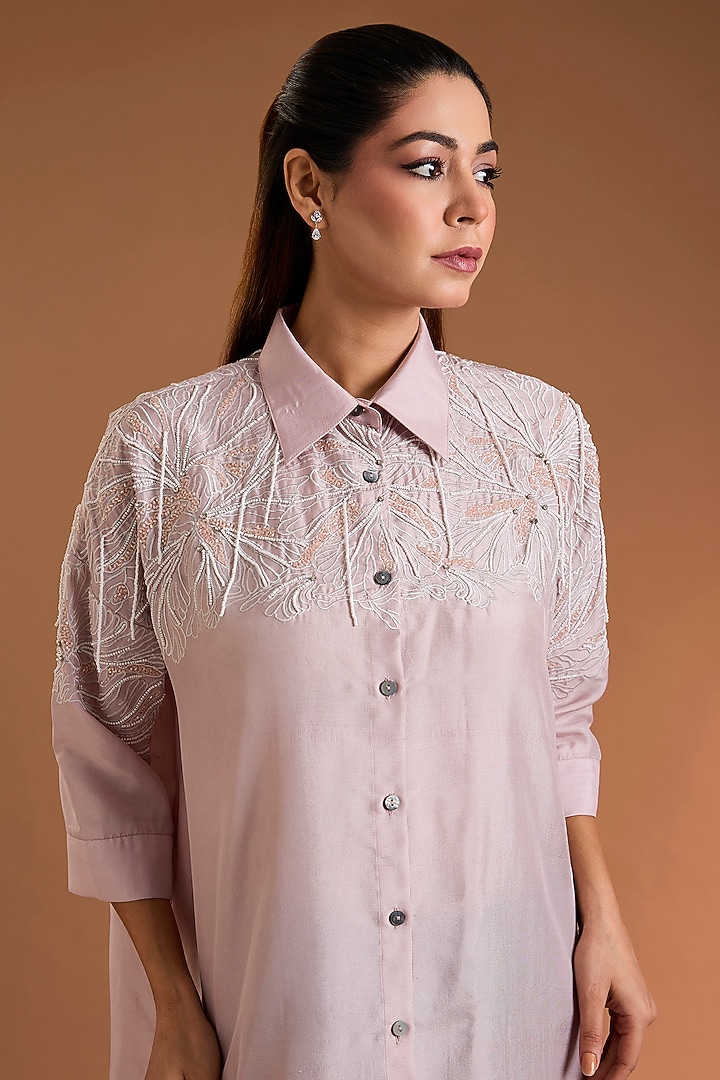Blush Pink Silk Hand & Machine Embroidered Shirt by 431-88 By Shweta Kapur at Pernia's Pop Up Shop