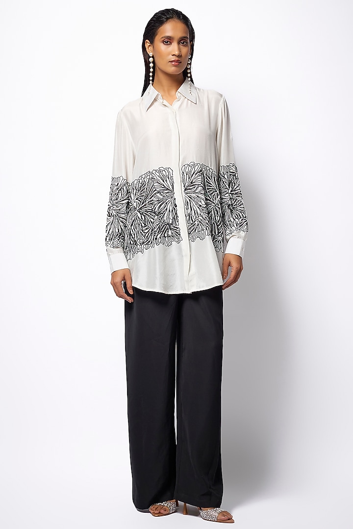 White Silk Floral Embroidered Shirt by 431-88 By Shweta Kapur at Pernia's Pop Up Shop