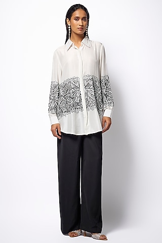 White Silk Floral Embroidered Shirt by 431-88 By Shweta Kapur