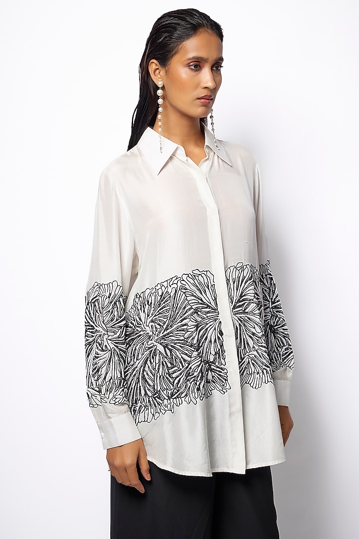 White Silk Floral Embroidered Shirt by 431-88 By Shweta Kapur at Pernia's Pop Up Shop