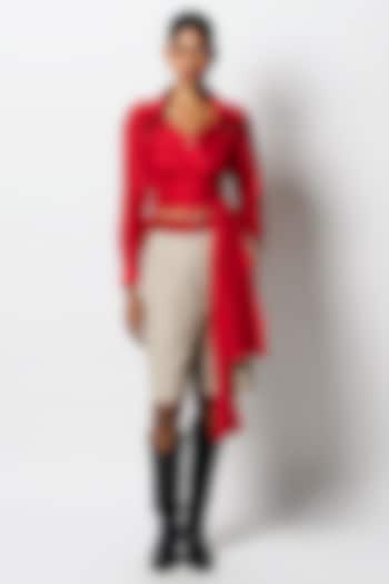 Red Dupion Bead Work Wrap Shirt by 431-88 By Shweta Kapur at Pernia's Pop Up Shop