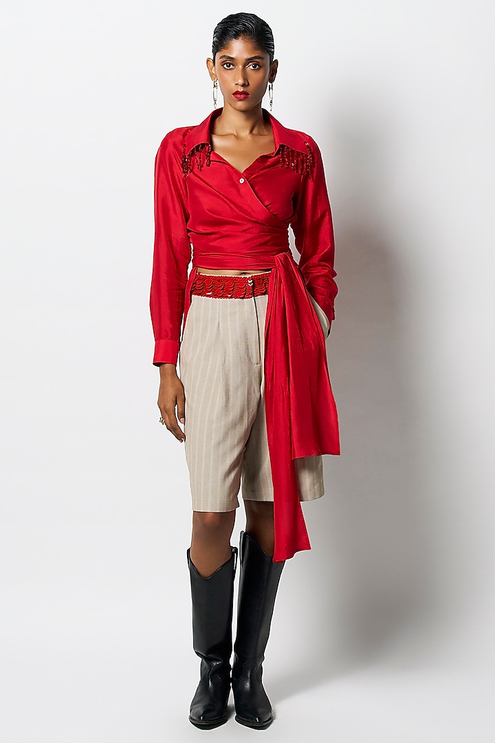 Red Dupion Bead Work Wrap Shirt by 431-88 By Shweta Kapur at Pernia's Pop Up Shop
