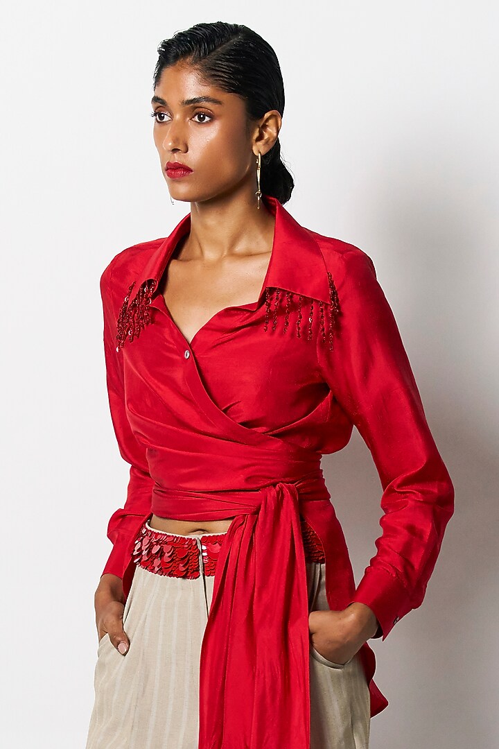 Red Dupion Bead Work Wrap Shirt by 431-88 By Shweta Kapur at Pernia's Pop Up Shop