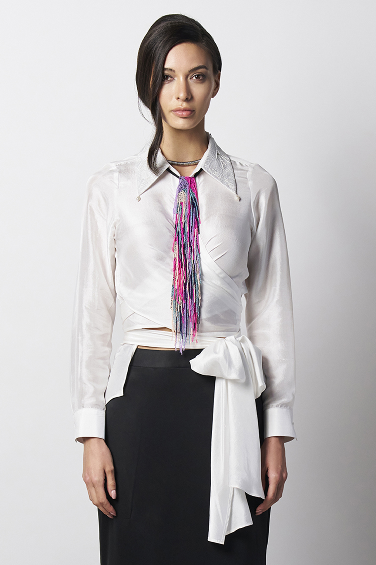 White Silk Wrap-Around Beaded Shirt by 431-88 By Shweta Kapur at Pernia's Pop Up Shop