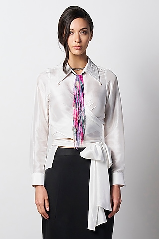 White Silk Wrap-Around Beaded Shirt by 431-88 By Shweta Kapur