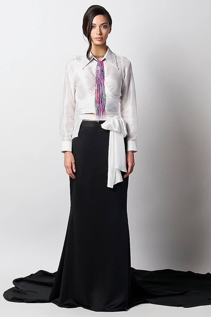 White Silk Wrap-Around Beaded Shirt by 431-88 By Shweta Kapur at Pernia's Pop Up Shop