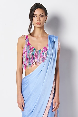 Rainbow Colored Silk Hand Embroidered Blouse by 431-88 By Shweta Kapur