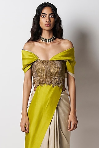 Gold Silk Hand Embroidered Corset Blouse by 431-88 By Shweta Kapur