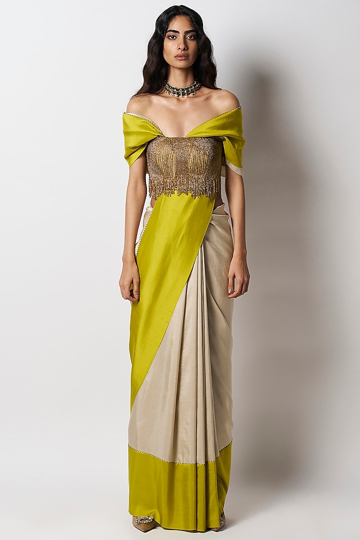 Gold Silk Hand Embroidered Corset Blouse by 431-88 By Shweta Kapur at Pernia's Pop Up Shop