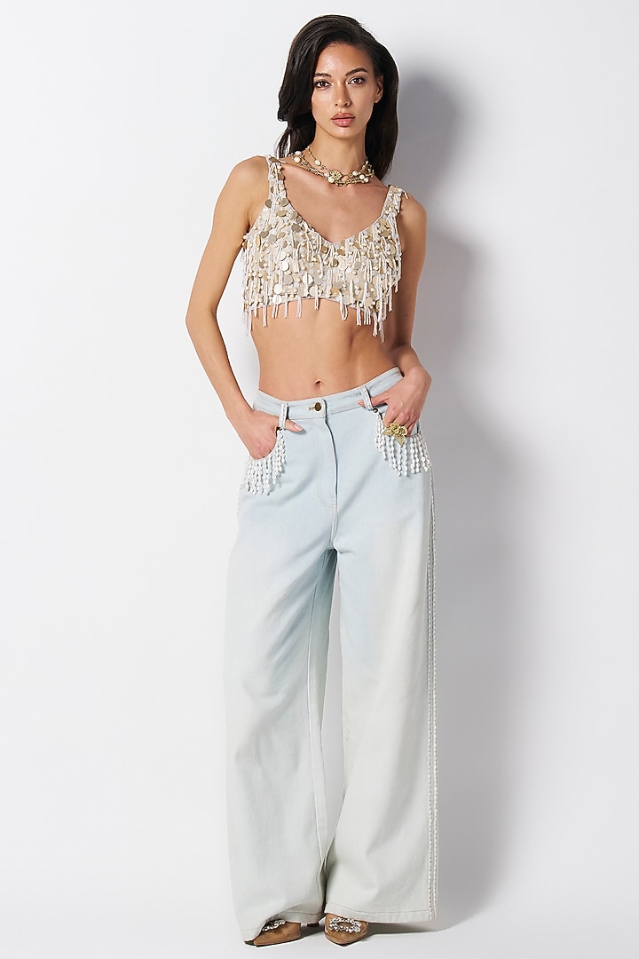 Champagne Silk Hand Embroidered Blouse by 431-88 By Shweta Kapur at Pernia's Pop Up Shop