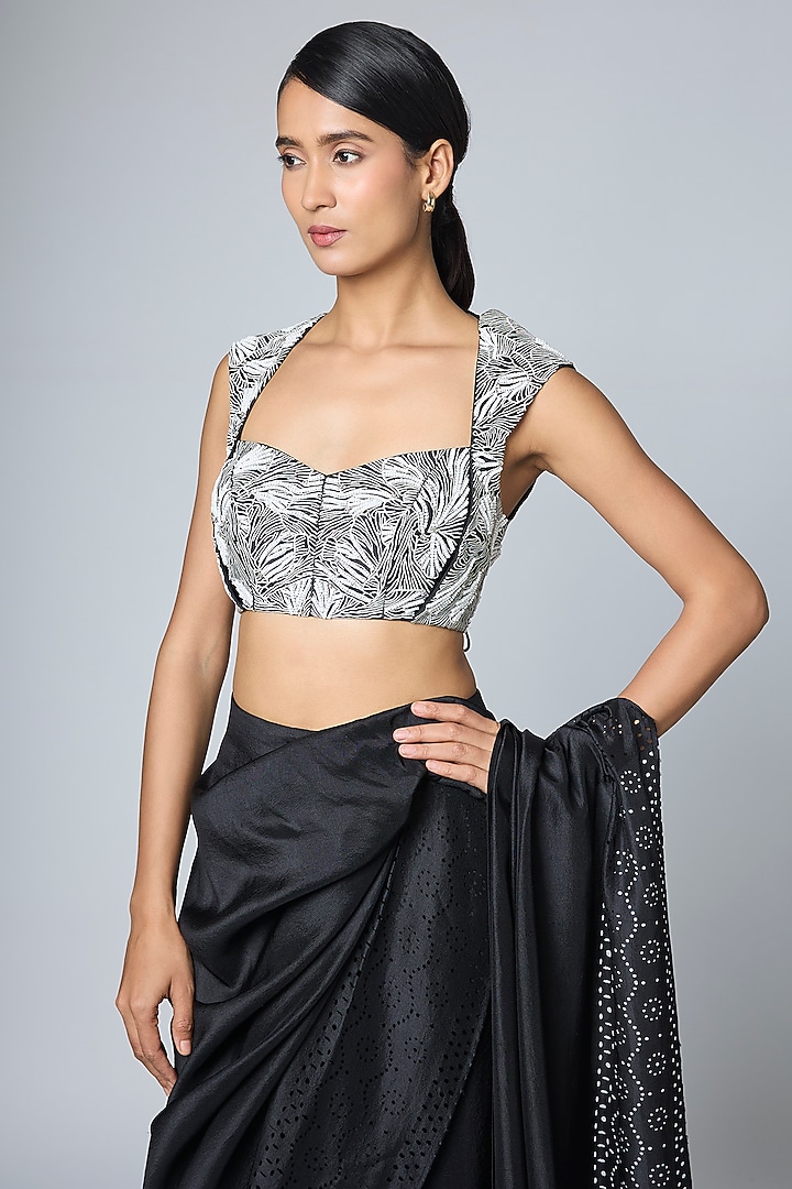 Black & White Textured Silk Machine Embroidered Blouse by 431-88 By Shweta Kapur at Pernia's Pop Up Shop