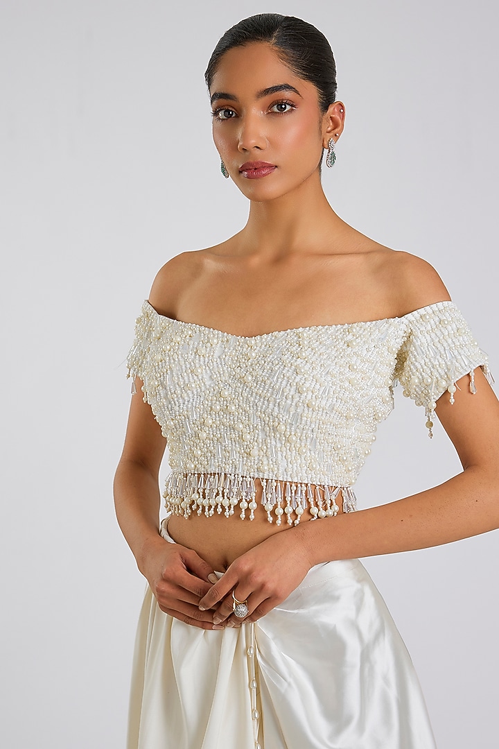 White Silk & Satin Hand Embroidered Blouse by 431-88 By Shweta Kapur at Pernia's Pop Up Shop