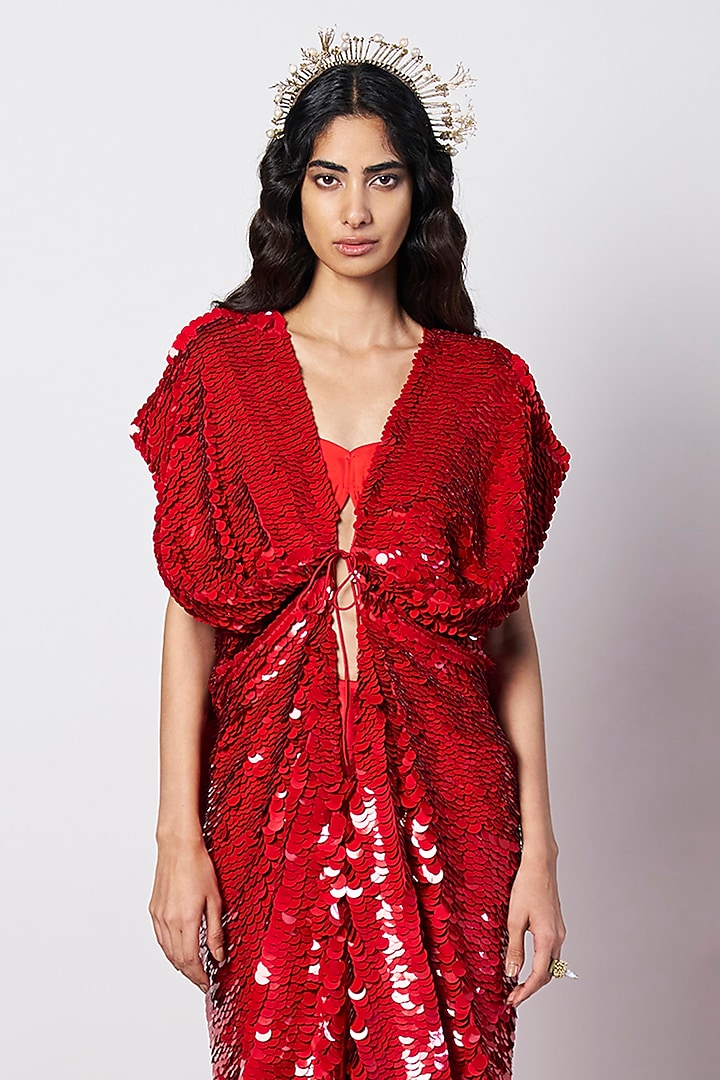 Red Cotton Handcrafted Cape by 431-88 By Shweta Kapur at Pernia's Pop Up Shop