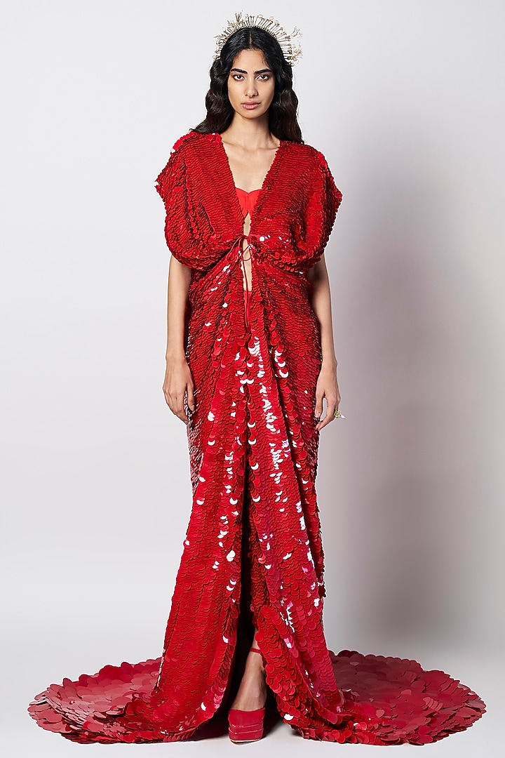 Red Cotton Handcrafted Cape by 431-88 By Shweta Kapur at Pernia's Pop Up Shop