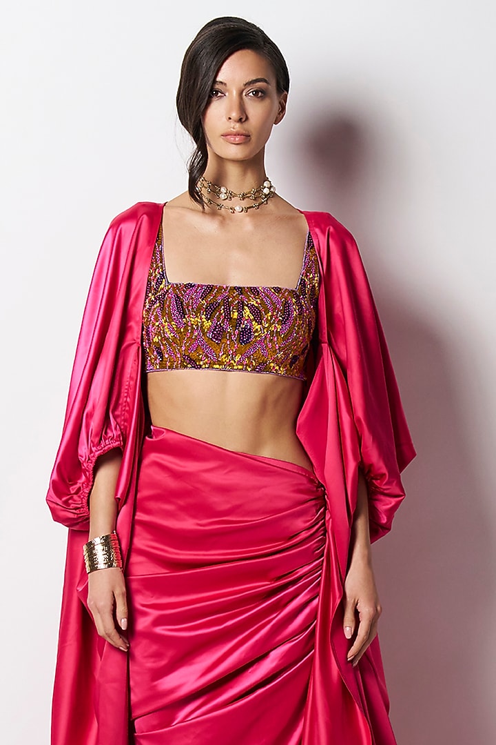 Fuchsia Dutch Satin Cape by 431-88 By Shweta Kapur at Pernia's Pop Up Shop