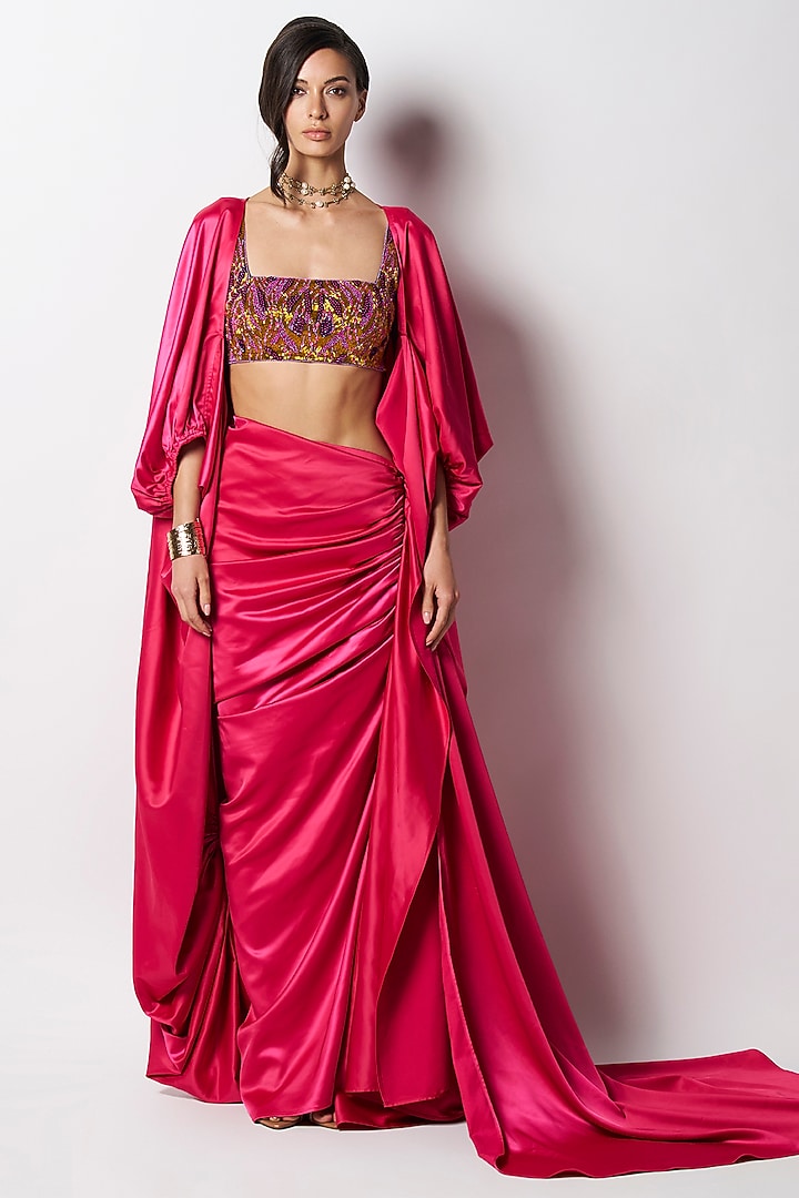 Fuchsia Dutch Satin Cape by 431-88 By Shweta Kapur at Pernia's Pop Up Shop