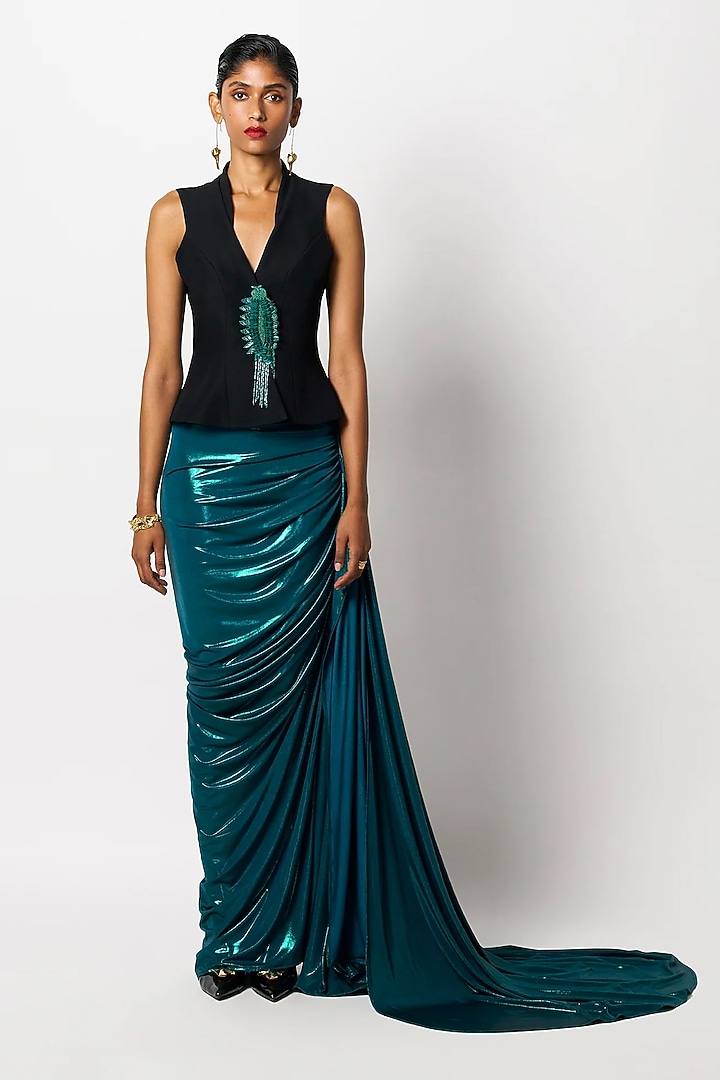 Black & Emerald Green Suiting Sleeveless Blazer by 431-88 By Shweta Kapur at Pernia's Pop Up Shop