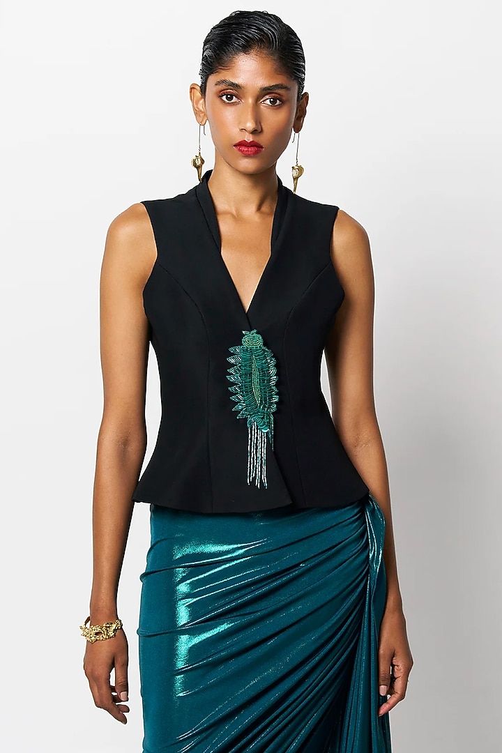 Black & Emerald Green Suiting Sleeveless Blazer by 431-88 By Shweta Kapur at Pernia's Pop Up Shop