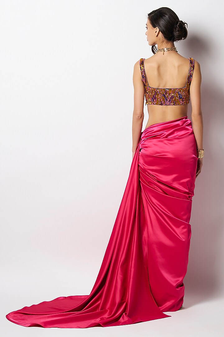 Fuchsia Satin Trail Skirt by 431-88 By Shweta Kapur at Pernia's Pop Up Shop